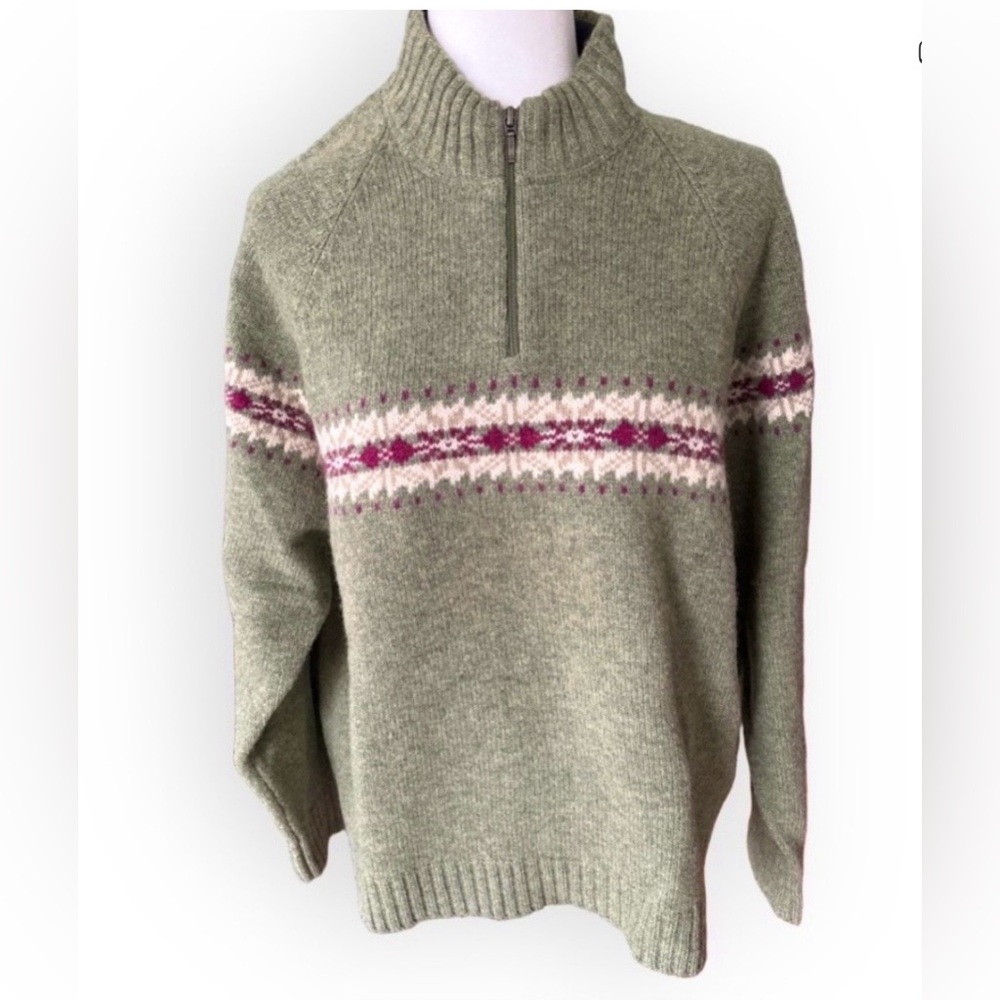 Woolrich Lambs Wool Willow Green Fair Isle Quarter Zip Sweater Size XL
